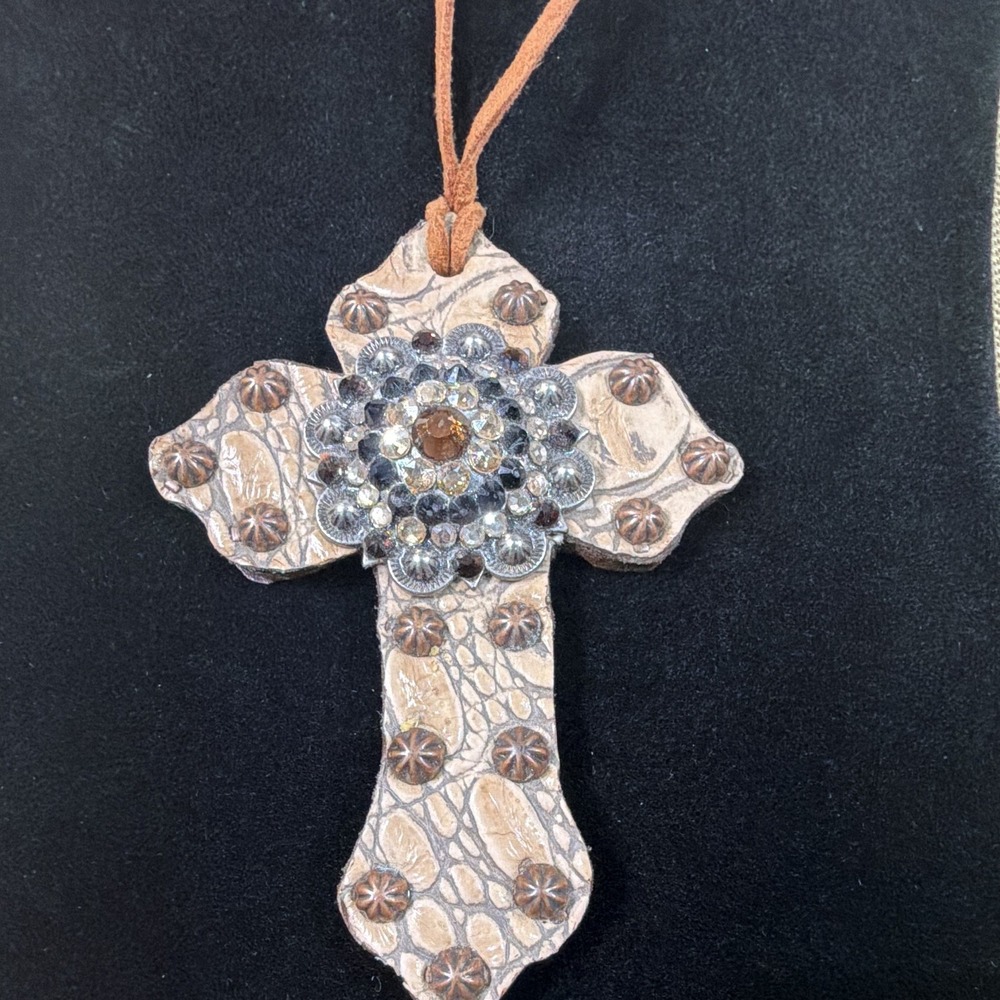 Christian Leather Cross Hanging Ornament Rhinestone Center Brown Cord
